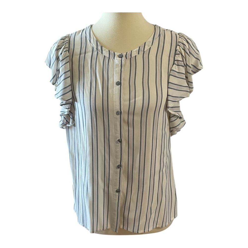 #105, 1. State Blue and White Ruffled Buttoned Blouse, size M